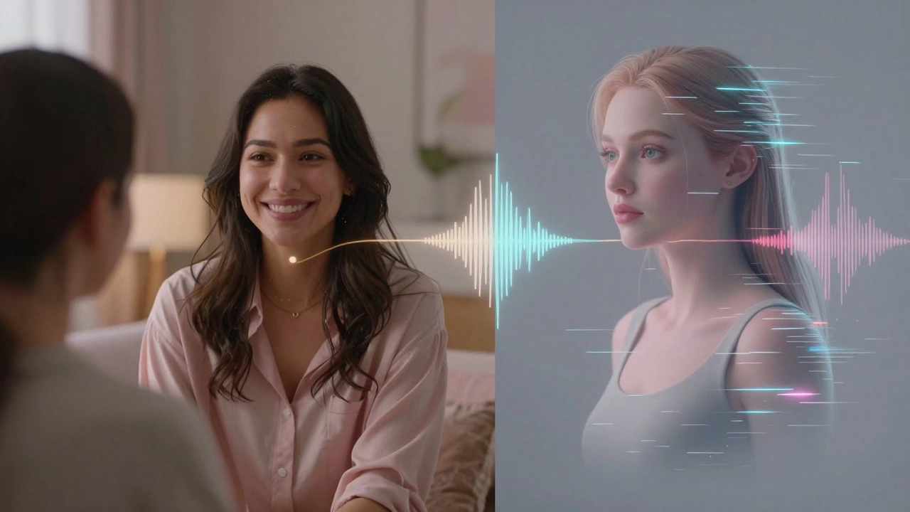 A real person and an AI companion side by side, connected by light, representing hybrid human-digital intimacy.