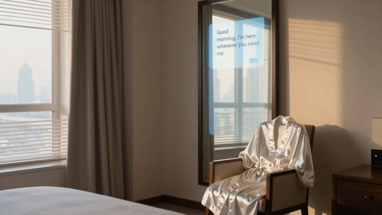 An empty luxury hotel room at dawn with a fading AI message on a smart mirror and a silk robe.