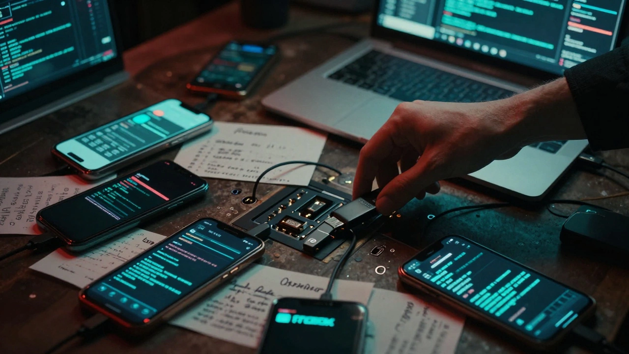 Hidden devices glowing with encrypted messages and digital watermarks in a secretive urban tech space.