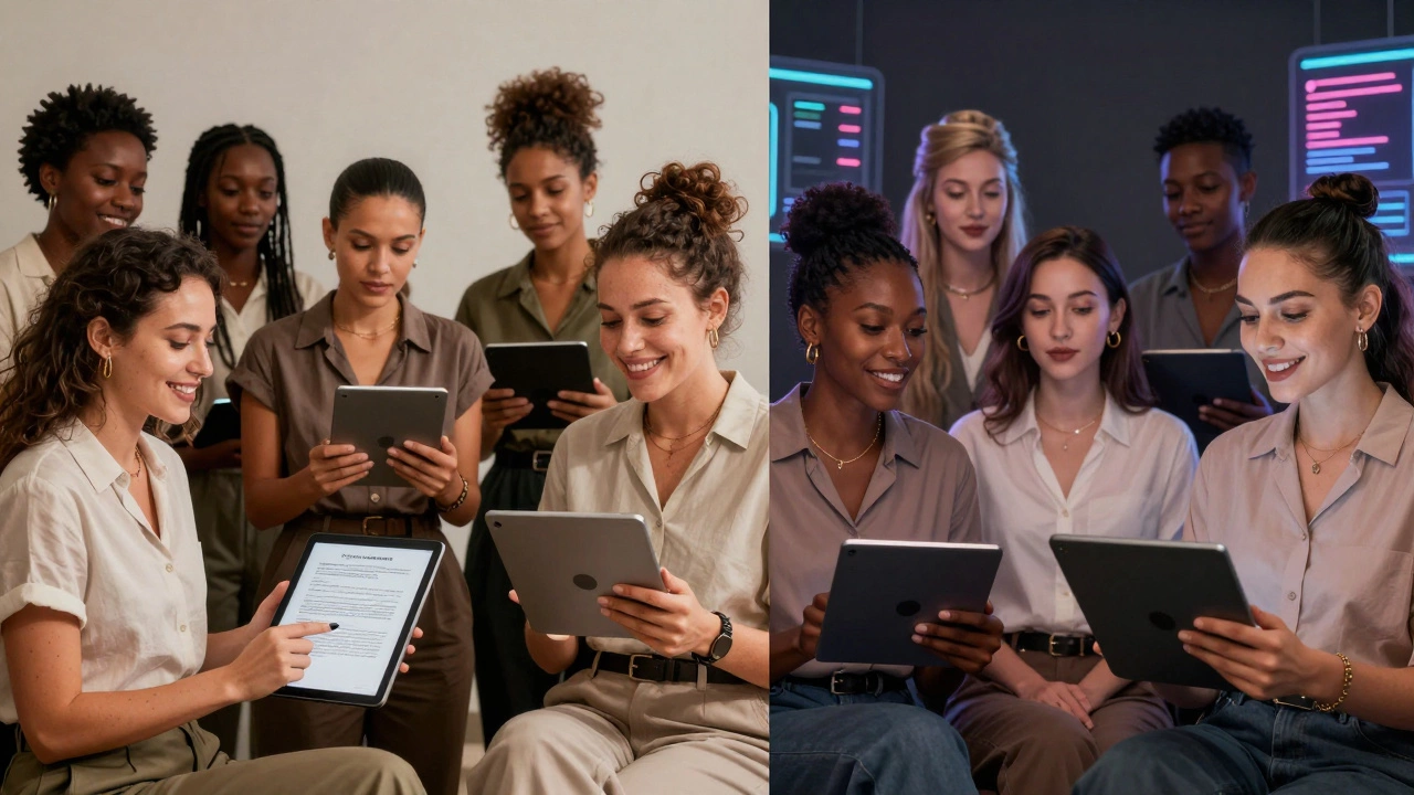 Sex workers training AI models with voice data, mirrored by digital avatars in a split composition.